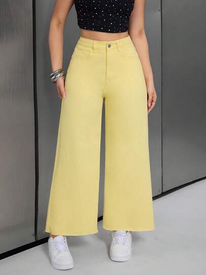 Jeanoix Quần jean denim nữ cạp cao ống rộng dáng suông thoải mái