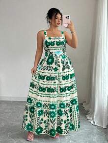 SHEIN Elenzya Đầm maxi nữ cỡ lớn in hoa, cổ vuông, thắt eo, dáng chữ A, thiết kế nơ phía sau, thích hợp cho công sở, đi làm, phong cách tối giản thanh lịch, lãng mạn đồng quê Pháp, hẹn hò, đi biển, nghỉ mát, xuân hè. - màu xanh lá - Xem 5
