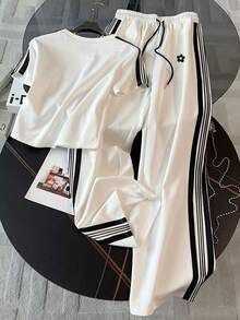 Franclia Fitted Short Round Neck Raglan Short Sleeve T-Shirt + Straight Leg Pants With Side Pockets - White - View 2