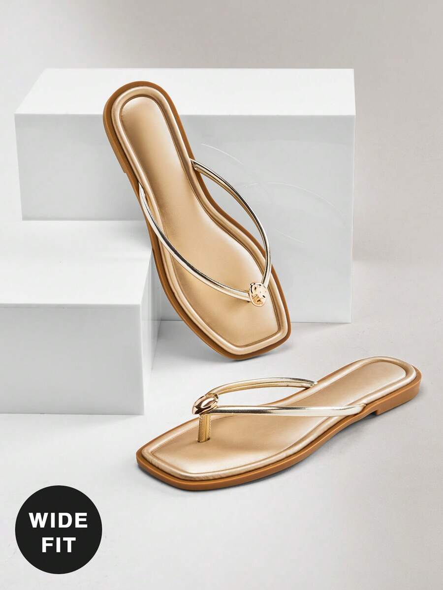 SHUZIA Dép xỏ ngón nữ QuietLuxury dáng rộng, mũi vuông, điểm nhấn vàng, kiểu dáng tối giản, viền cuộn, chất liệu PU mềm mại, màu cà phê – Tinh tế, thanh lịch và sang trọng. - Vàng - Xem 1