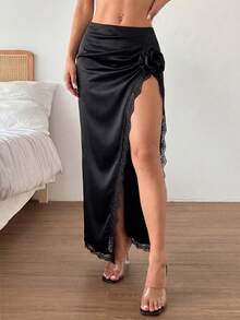 SHEIN Raffinéa Women's Black High Slit Lace Patchwork Floral Decor Sexy Romantic Skirt, Suitable For Parties, Weddings, Dates And Street Style - Black - View 3