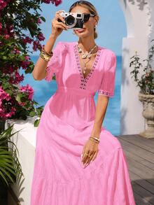 Vivid Eden 女士度假撞色蕾丝荷叶边下摆优雅连衣裙 - 粉色 - 查看 7