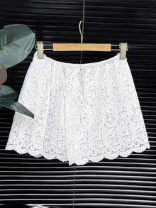 GlowEve CURVE Plus Size Women Embroidered Hollow Out Knot Casual/Holiday Romantic Versatile A-Line Skirt - White - View 1