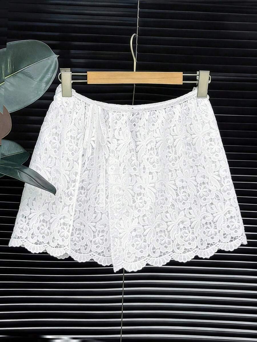 GlowEve CURVE Plus Size Women Embroidered Hollow Out Knot Casual/Holiday Romantic Versatile A-Line Skirt - White - View 1