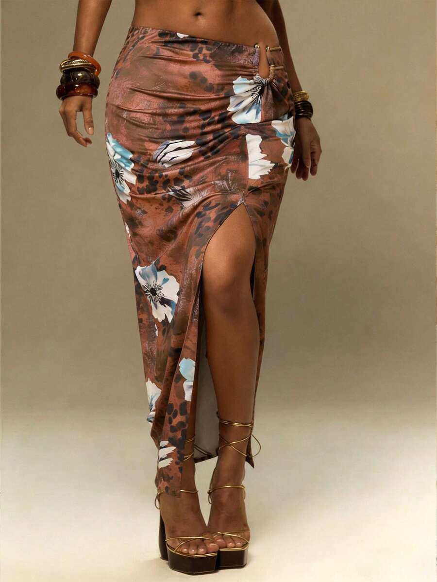 女士时尚动物纹豹纹金属镂空高开衩性感迷人优雅年轻通勤约会浪漫日常假日郊游派对俱乐部音乐节半身裙，春夏款 - 彩色 - 查看 1