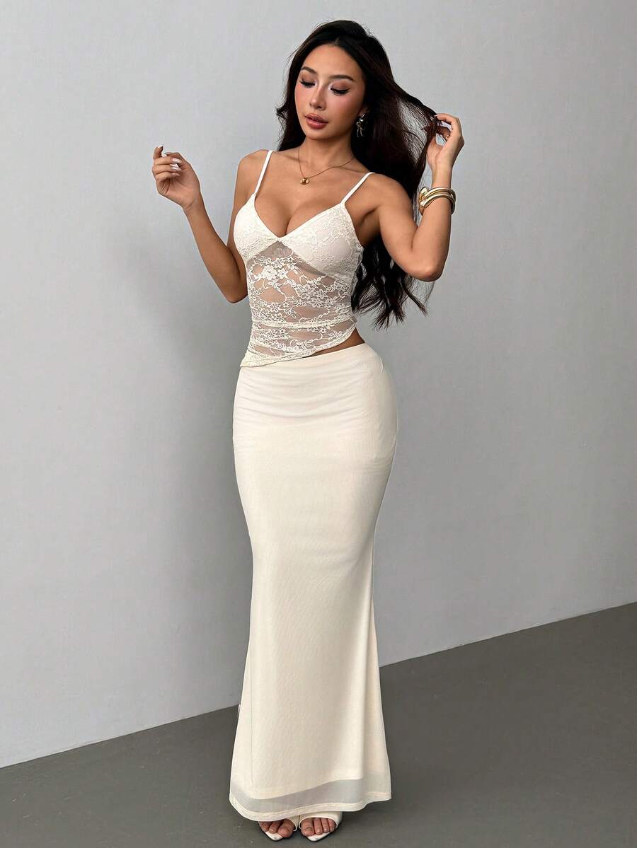 SHEIN PETITE Vestido maxi de encaje sexy y transparente para vacaciones de verano en la playa, adecuado para citas diarias, salidas nocturnas, discotecas y fiestas
