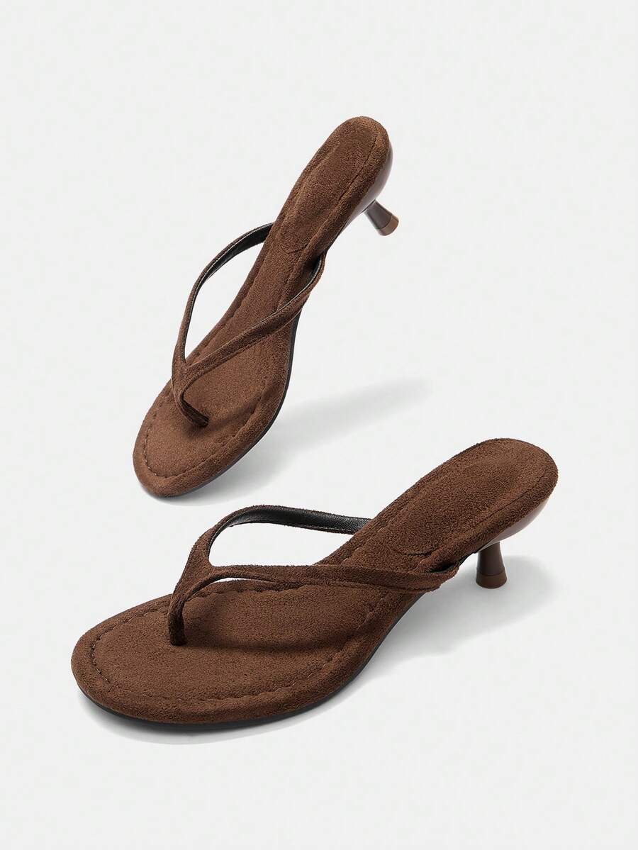 Women's High Heel Sandals, 2026 Spring/Summer New Arrival, Round Toe High Heel Flip Flops, Beach Resort Style Thong Sandals, Coffee Brown Suede Material, Kitten Heel