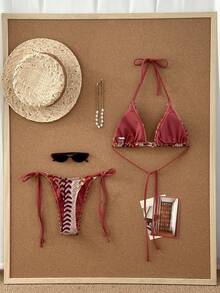 Swim Vcay Conjunto de traje de baño informal de verano con parte superior de triángulo sin tirantes de punto jacquard y Bottom tipo tanga para mujer - Multicolor - Ver 2