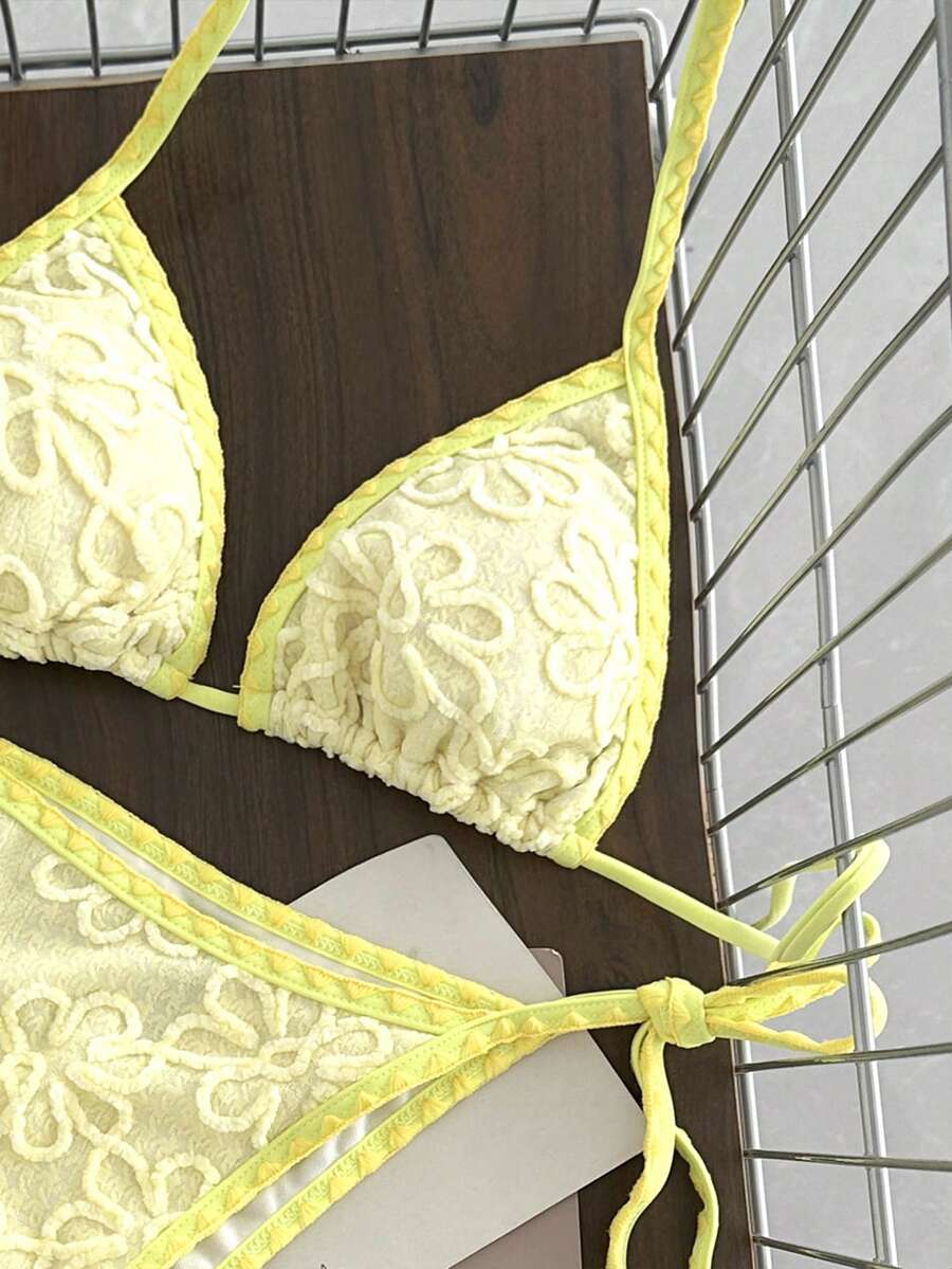 Swim Vcay Spring/Summer Knit Jacquard Triangle Wireless Halter Top And Side Tie Swim Shorts Women Beach Vacation Swimwear Set Butter Yellow Sexy - Yellow - View 1