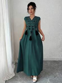 Rafferiza Vestido recto holgado con cuello en V, decoración con flecos y estampado gráfico bordado para mujer, ideal para vacaciones - lago azul - Ver 5