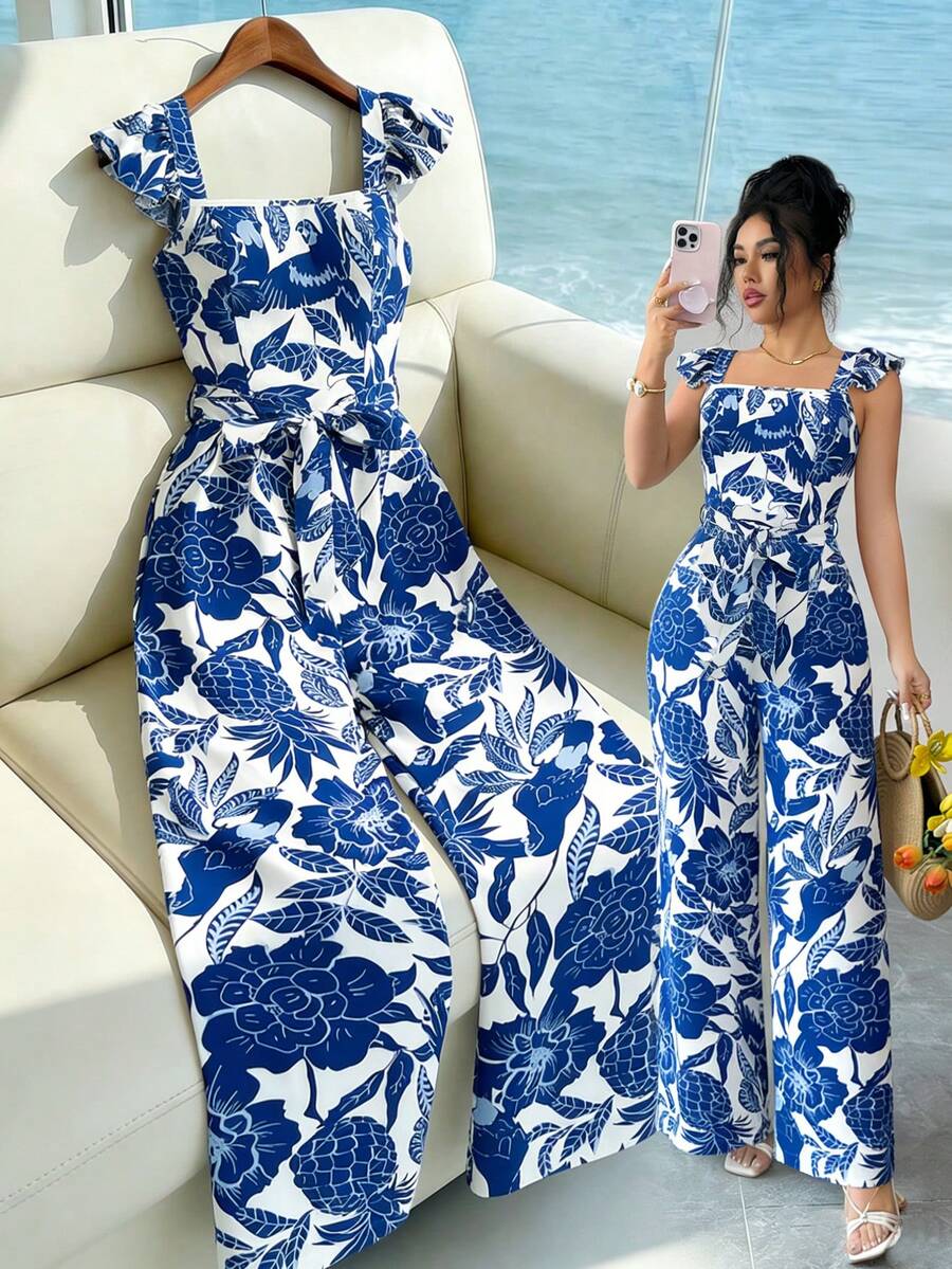 Elenzga Women's Fashion New Square Neck Ruffle Sleeve Pineapple Print Casual Jumpsuit For Summer Vacation - Blue and White - View 1