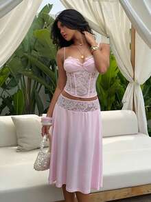 Aloruh Bộ đồ hai mảnh ren hồng, trang phục công sở thanh lịch và gợi cảm. - Hồng - Xem 6