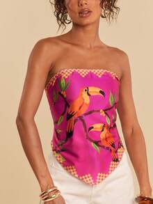 Travachic 热带印花系带露背抹胸度假上衣 - 玫紅色 - 查看 3