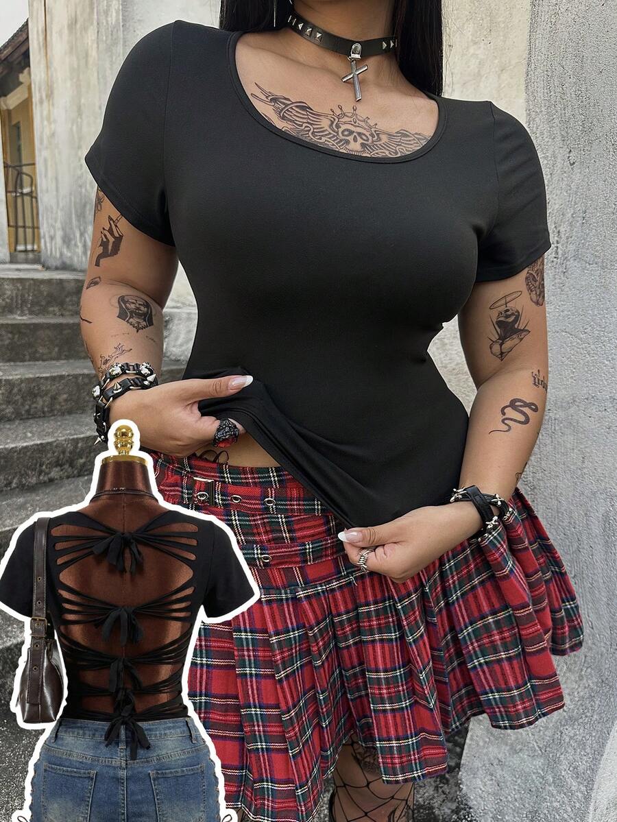 Whyspr Casual Elegant Sexy Cutout Tie-Up Hollow-Out Backless Fitted Short Sleeve Black Plus Size Women T-Shirt - Black - View 1