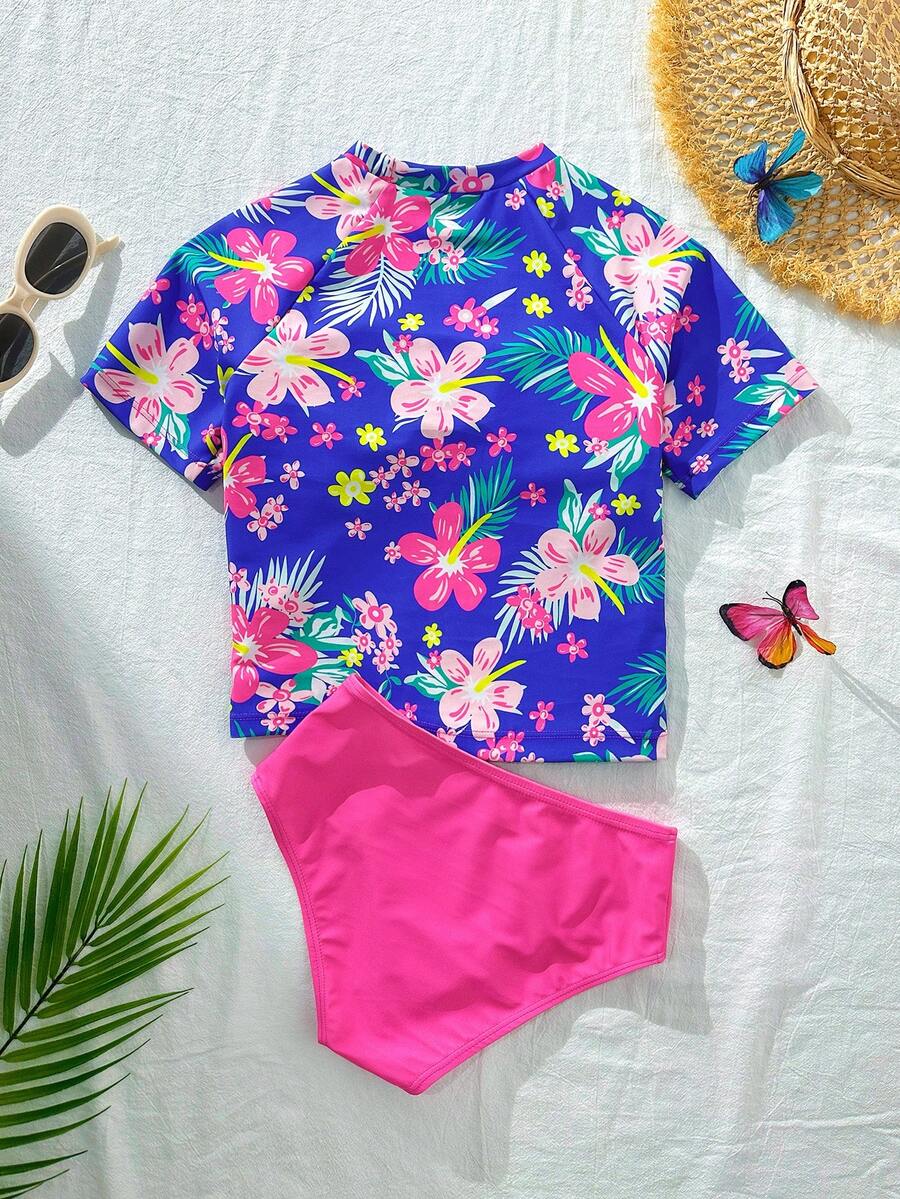SHEIN Conjunto de traje de baño con estampado floral de manga corta para niña preadolescente, adecuado para playa, vacaciones, arena, recreación, vacaciones, viajes, verano - Multicolor - Ver 1