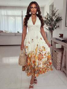 Xyvia Women's Apricot Base Multi-Color Printed Burnout Tie-Neck Sleeveless Cinched Waist Dress, High-End Elegant Charm, Suitable For Valentine's Day, Easter, Labor Day, Birthday, Date, Party, Formal Occasions, Teacher's Outfit, Travel, Spring/Summer - Apricot - View 1