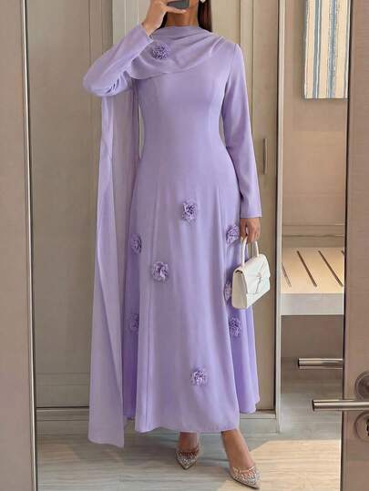 Veilorie Women's Solid Color 3D Floral Decor Ribbon Design Elegant Arabic Dress