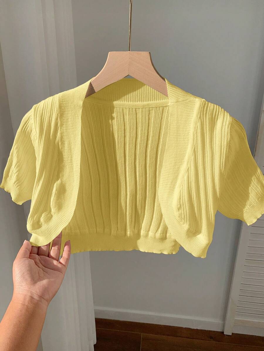 SHEIN EZwear Áo khoác cardigan dệt kim tay ngắn màu vàng nhạt dễ thương, kiểu dáng thường ngày dành cho nữ, thích hợp cho mùa xuân/hè. - Màu vàng ngỗng - Xem 1