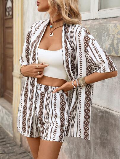 Brillora Women's Vacation Casual Geometric Print Shirt And Shorts 2 Pieces Set