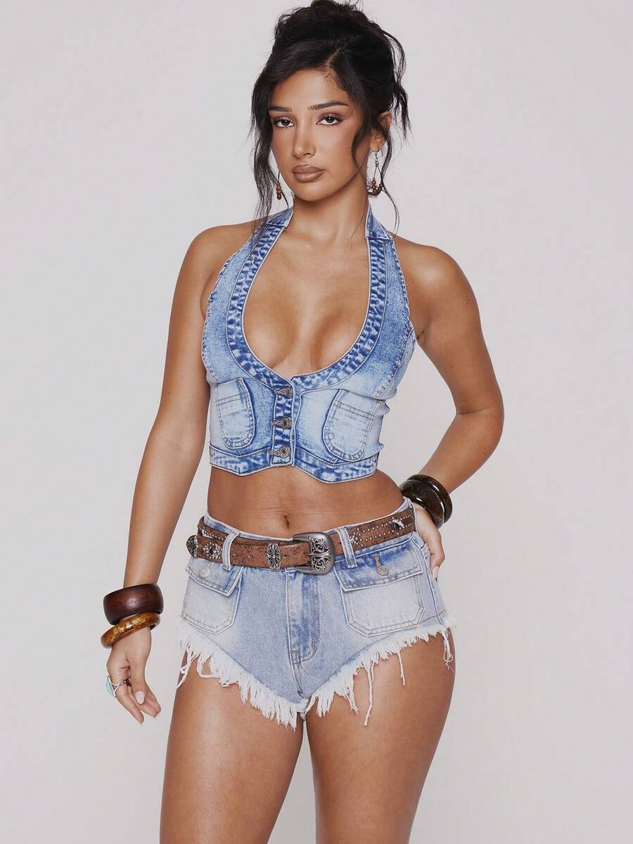 MUSERA Plunge Halterneck Cropped Fitted Washed Denim Top Spring Summer Festival Sexy Ibiza Vacation Holiday Y2k Cowgirl Deconstructed Cowboy Elegant - Blue - View 1