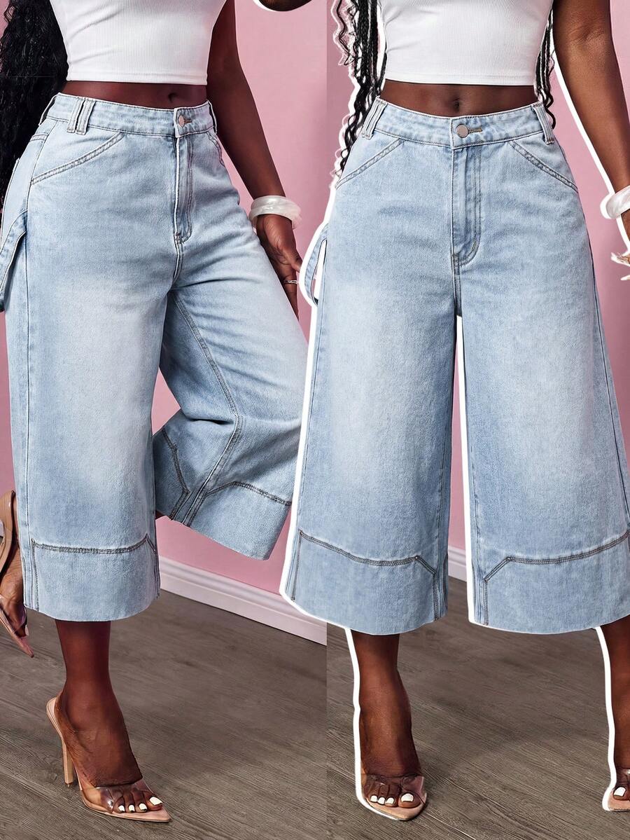 Slaydiva Women's Casual Washed Wide-Leg Jeans Summer Carnival Costume Commuting Vacation Graduation Chic Y2k Cute Streetwear Party Wedding Elegant Business Casual Woman Business Beach Graduation Easter Women's High Waisted Wide Leg Jeans Light Wash Denim Cropped Pants Casual Loose Fit Style Women's Light Wash Loose Fit Cropped Wide Leg Jeans Comfortable Denim Pants For Everyday Wear Jeans Baggy - Blue - View 1
