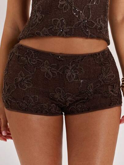 SHEIN BAE Kadınlar için İlkbahar/Yaz Müzik Festivali Partisi Payetli Örme Jakarlı Düşük Bel Süper Kısa Şort/Country Müzik Festivali/Plaj Şortu/Tatil Şortu/İbiza/Payetli Şort/Kulüp/Gece Kulübü/Konser/Festival Kıyafeti