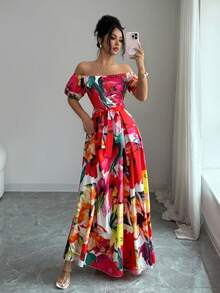 SHEIN Elenzya Off-Shoulder Floral Maxi Elegant Dress - Multicolor - View 6
