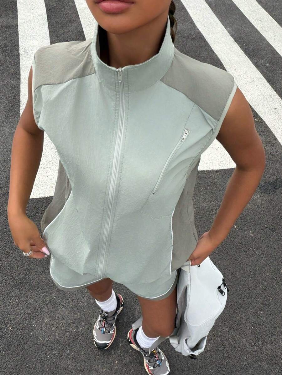 Muchica 女士拉链外套和短裤休闲运动套装，撞色设计 - 彩色 - 查看 1