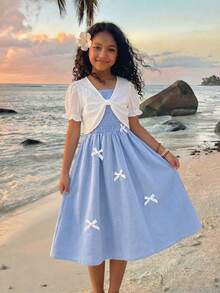 Elladie kids Cute Toddler Girls Multicolor V Neck Knitted Short Sleeve Puff Sleeve Blouse And Shirred Short Skirt Two Piece Outfit - Multicolor - View 3
