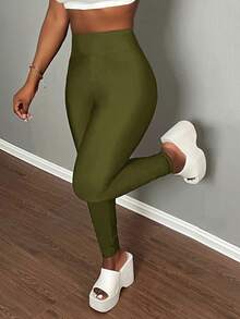 Slaydiva Mono de punto acanalado con cuello de halter, espalda descubierta y media cremallera, estilo minimalista básico y casual para mujer - A - Verde militar - Ver 4