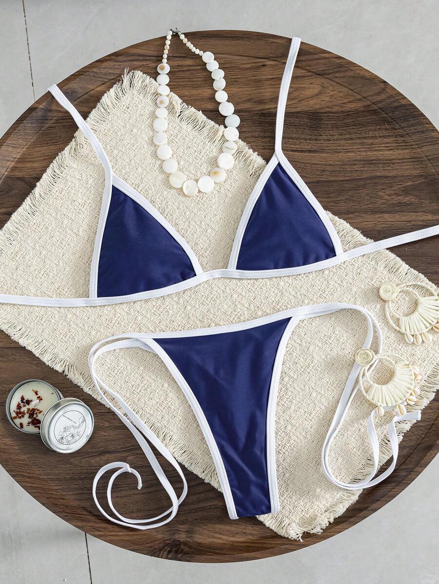 Bonvoyette Conjunto de bikini de halter con espalda descubierta y contraste de colores para vacaciones de verano - Azul Marino - Ver 1