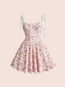 Sweetness 春夏度假性感女士甜美复古印花梦幻浪漫奢华宫廷风连衣裙，无肩带设计，蝴蝶结肩带，交叉系带，适合约会、派对、度假、下午茶、生日、复活节、海滩、度假村、音乐会、舞会、游轮、毕业典礼、节日等各种场合。 - 杏色 - 查看 7