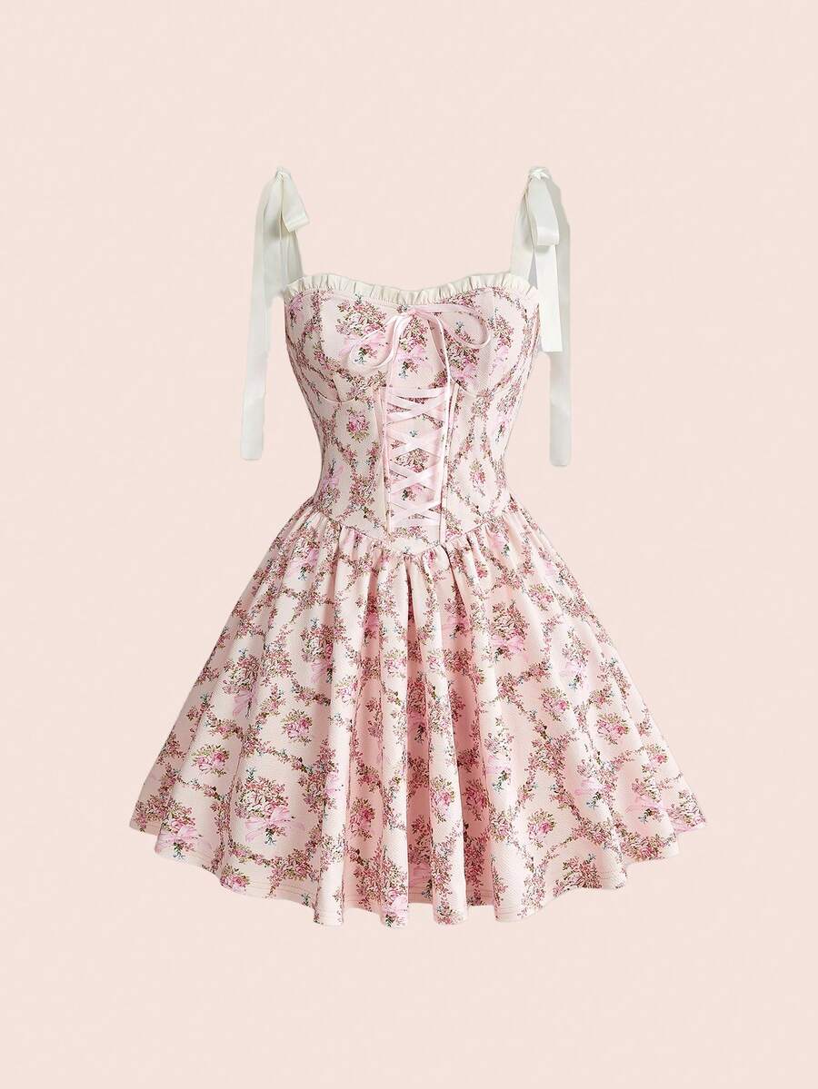 Sweetness 春夏度假性感女士甜美复古印花梦幻浪漫奢华宫廷风连衣裙，无肩带设计，蝴蝶结肩带，交叉系带，适合约会、派对、度假、下午茶、生日、复活节、海滩、度假村、音乐会、舞会、游轮、毕业典礼、节日等各种场合。 - 杏色 - 查看 1