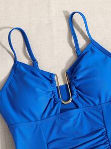 SHEIN Maiô de uma peça com decote em U e detalhes metálicos, cor sólida, ideal para meninas pré-adolescentes, perfeito para férias de verão na praia e para nadar. - Azul - Ver 5