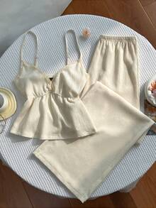 Conjunto de pantalones palazzo casuales con parches de tela texturizada, encaje floral y estilo Y2K - Albaricoque - Ver 5
