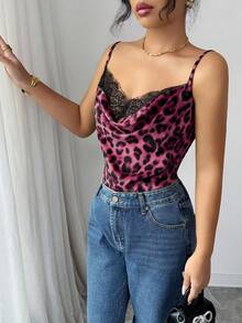 SHEIN Camiseta de mujer elegante con estampado de leopardo y encaje - Morado - Ver 4