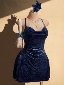SHEIN ICON Plus Size Fitted Leopard Print Flocked Plunge Neck Backless Mini Dress - Blue - View 4