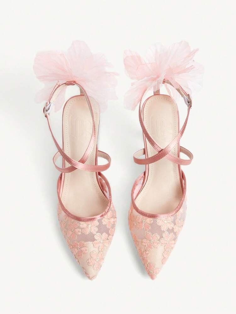 CUCCOO CHICEST Women Shoes Autumn New Mesh Yarn Strap Flower High Heels Pointed Toe Embroidered Shoes