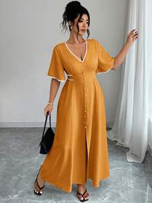 Elenzga Plus Size Women V-Neck Ruffle Trim Short Sleeve Button Design Elegant Curve Dress Vacation White Summer - Yellow - View 5