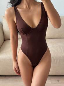 Sleeveless Backless Coffee Brown Fabric Bodysuit For Women Tummy Control - Coffee Brown - View 2