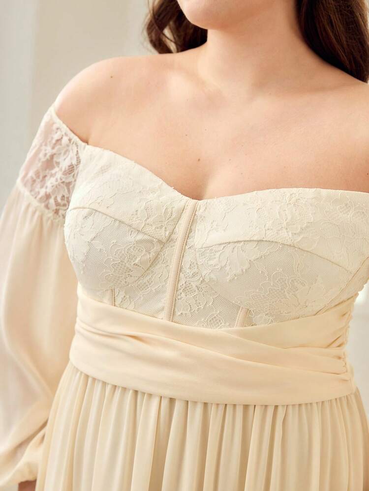 PLUS SIZE WAIST-CINCHING CONTRAST LACE OFF-SHOULDER LONG DRESS, SPRING/SUMMER