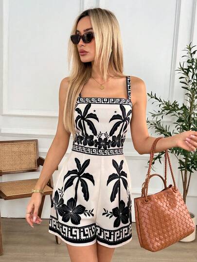 Easowa Women's Coconut Tree & Floral Print Romper, Suitable For Casual Vacation, Spring/Summer