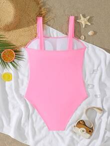 SHEIN Nuevo traje de baño de una pieza de unicolor con lados calados para adolescentes - Rosa - Ver 2