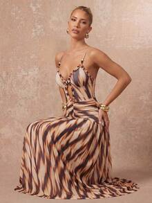 Lumalex 女士撞色镂空褶皱腰身优雅长吊带连衣裙，适合派对穿着 - 咖啡 - 查看 4