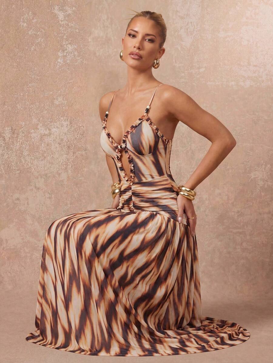 Lumalex Đầm dài hai dây thanh lịch phối màu tương phản, khoét eo, xếp ly, thích hợp cho nữ dự tiệc.