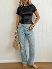 SHEIN EZwear Áo sơ mi nữ kiểu Trung Quốc mới, thanh lịch, chất liệu satin, cài cúc, in logo ngựa nhỏ, kiểu dáng thường ngày, tay ngắn, cạp chun, hàng mới xuân hè, áo khoác ngoài, áo sơ mi satin đen, phong cách Y2K, trang phục thường ngày, trang phục mùa hè, trang phục ngoài trời, áo tay ngắn nữ, áo thun nữ mới, áo kiểu mới nhất cho nữ, áo polo nữ mới về, áo ôm dáng thanh lịch mới cho nữ. - Nhiều màu - Xem 7