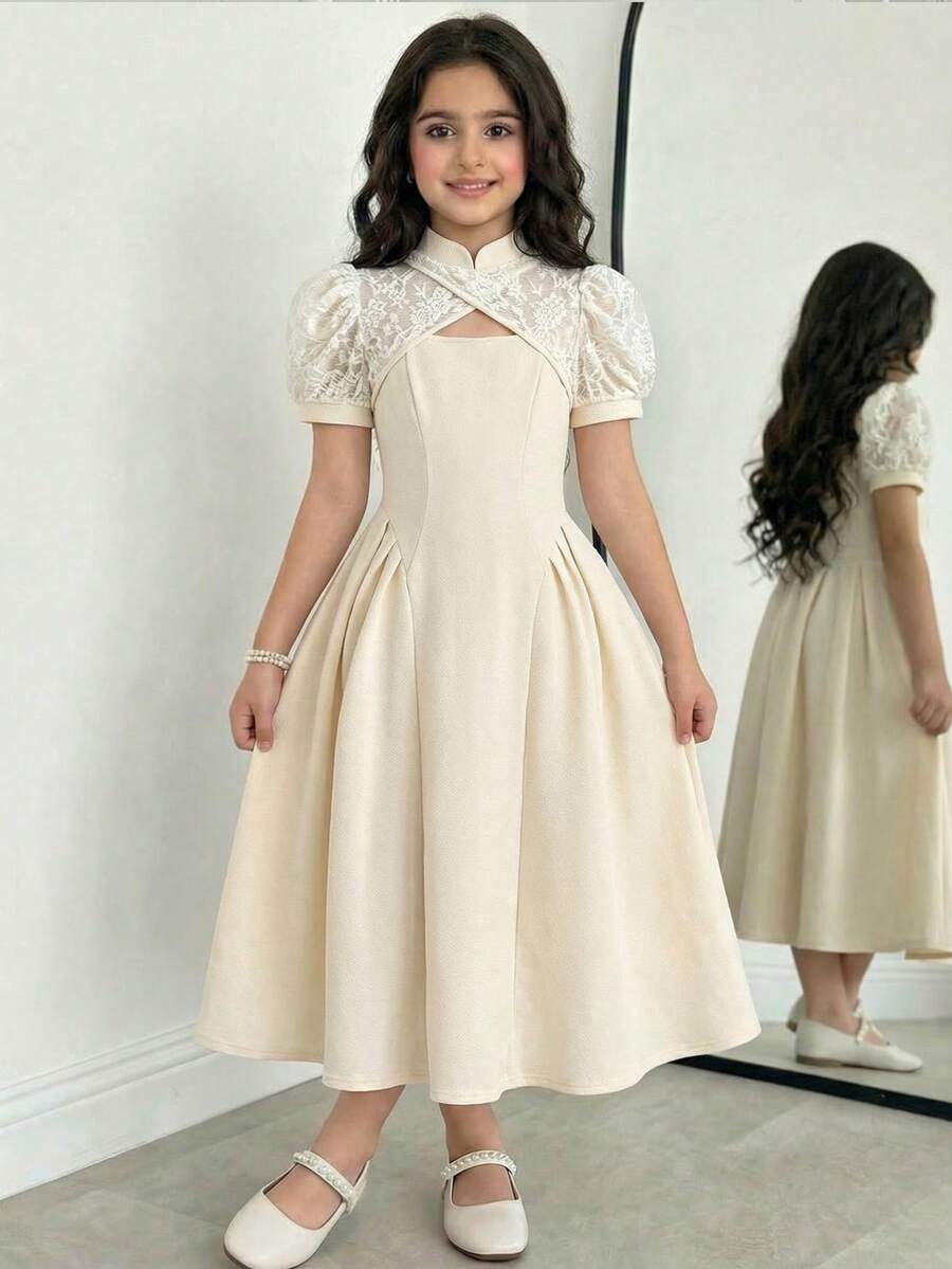 SHEIN Đầm ren tay cánh hoa phối eo cho bé gái tuổi teen, màu trắng, thanh lịch, ngọt ngào, dễ thương, thời trang, đa năng, phù hợp cho các kỳ nghỉ và tiệc tùng. - Màu be - Xem 1