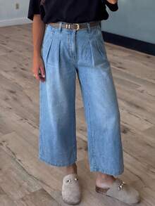 EMERY ROSE Mature Denim Women's High Waist Light Blue Pleated Wide Leg Cropped Denim Jeans,Summer Casual Everyday Boho Culottes With Pockets For Vacation & Commute Wear - Blue - View 4