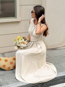 SHEIN Frenchy 女士纹理褶皱休闲连衣裙，简约百搭日常穿着 - 杏色 - 查看 6