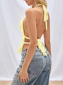 Comfortcana Plus Size Women Light Yellow Pleated Halter Neck Camisole Holiday Holiday Vacation Summer Tropical - Light Yellow - View 7